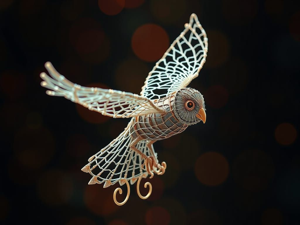 Intricate Wire Owl Sculpture in Flight