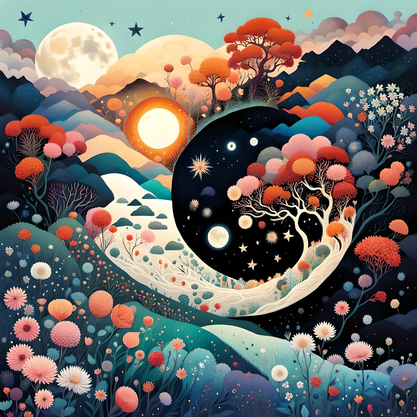 Surreal Yin Yang Dreamscape in Vibrant Collage Art