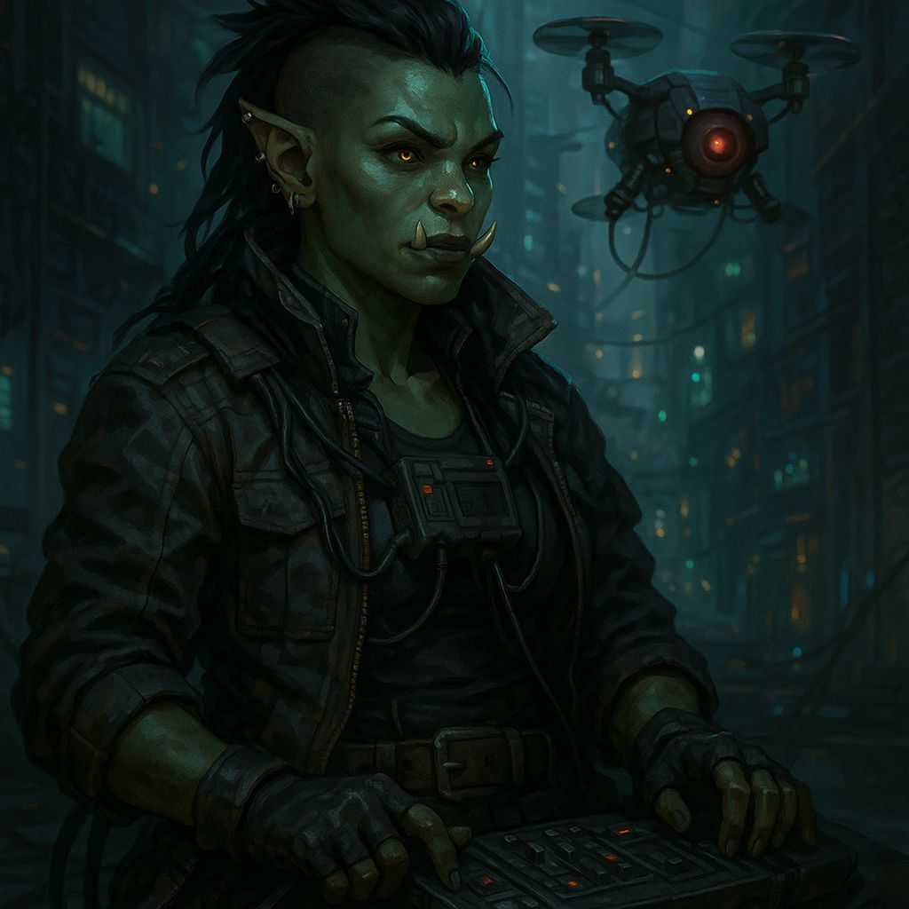 Shadowrun Female Ork Rigger in Cyberpunk Style