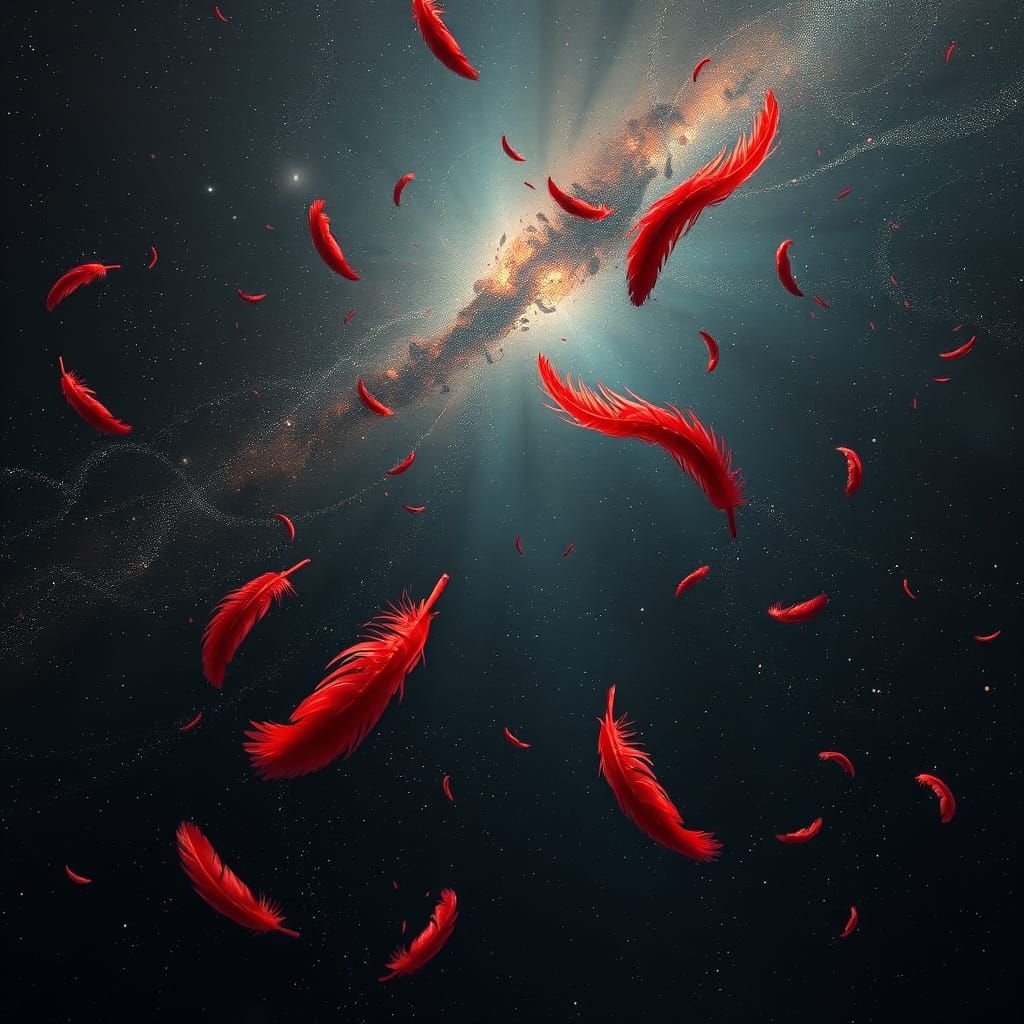 Red Feathers Floating in Deep Space