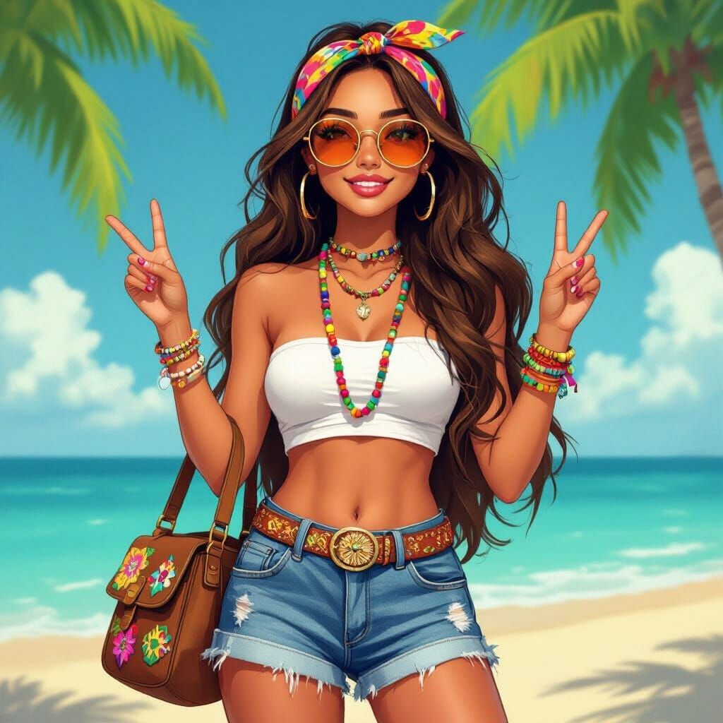 Colorful Portrait of Woman on Sunny Beach in Illustrative St...
