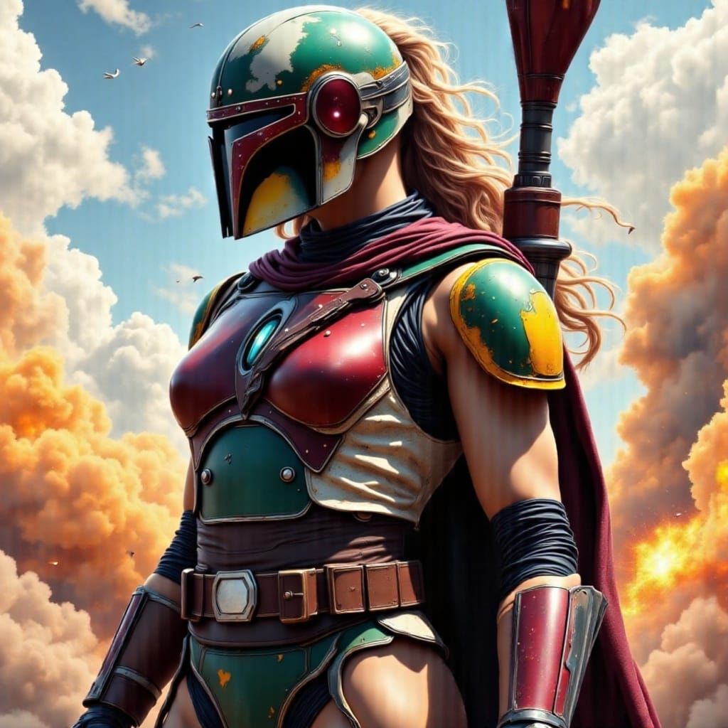 Heroic Woman in Weathered Mandalorian Suit
