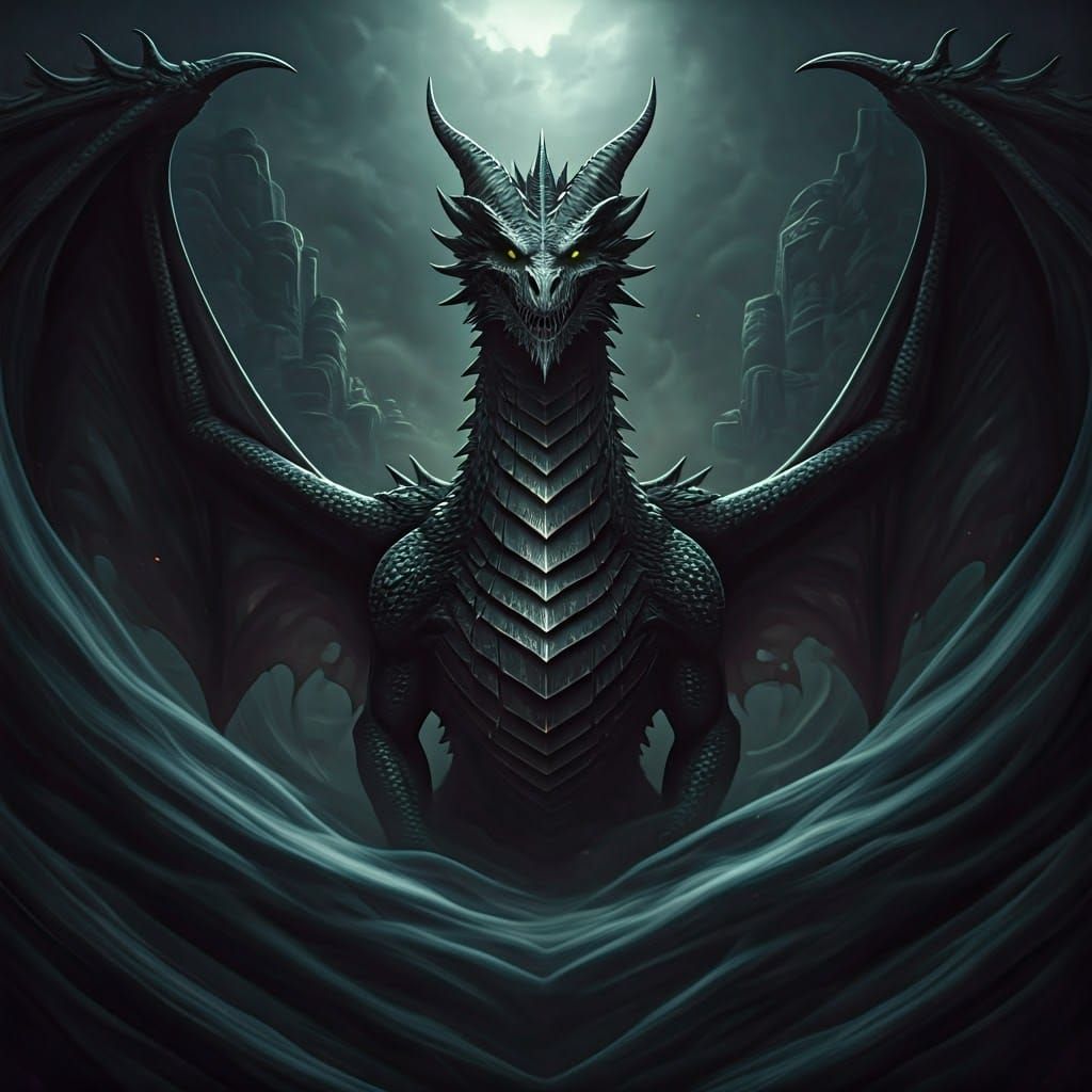 Dark Fantasy Guardian Dragon in Polished Obsidian and Shadow