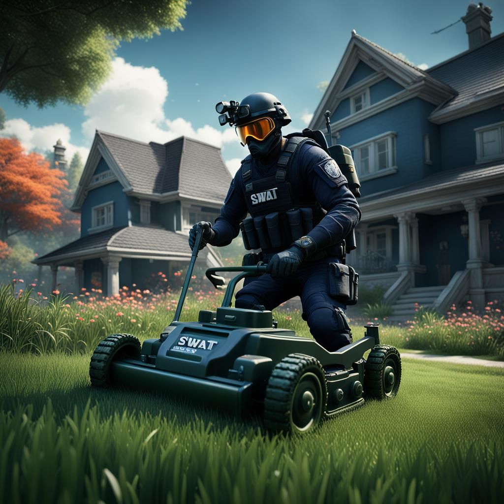 SWAT Commando Raking Lawn: Detailed Matte Painting