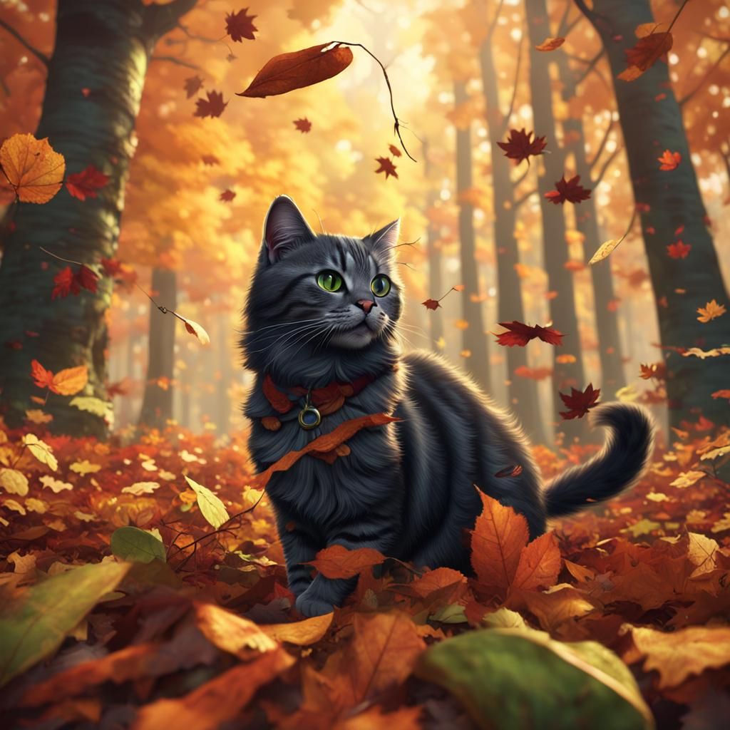 Cat's Autumn Fun in a Fantastical Forest