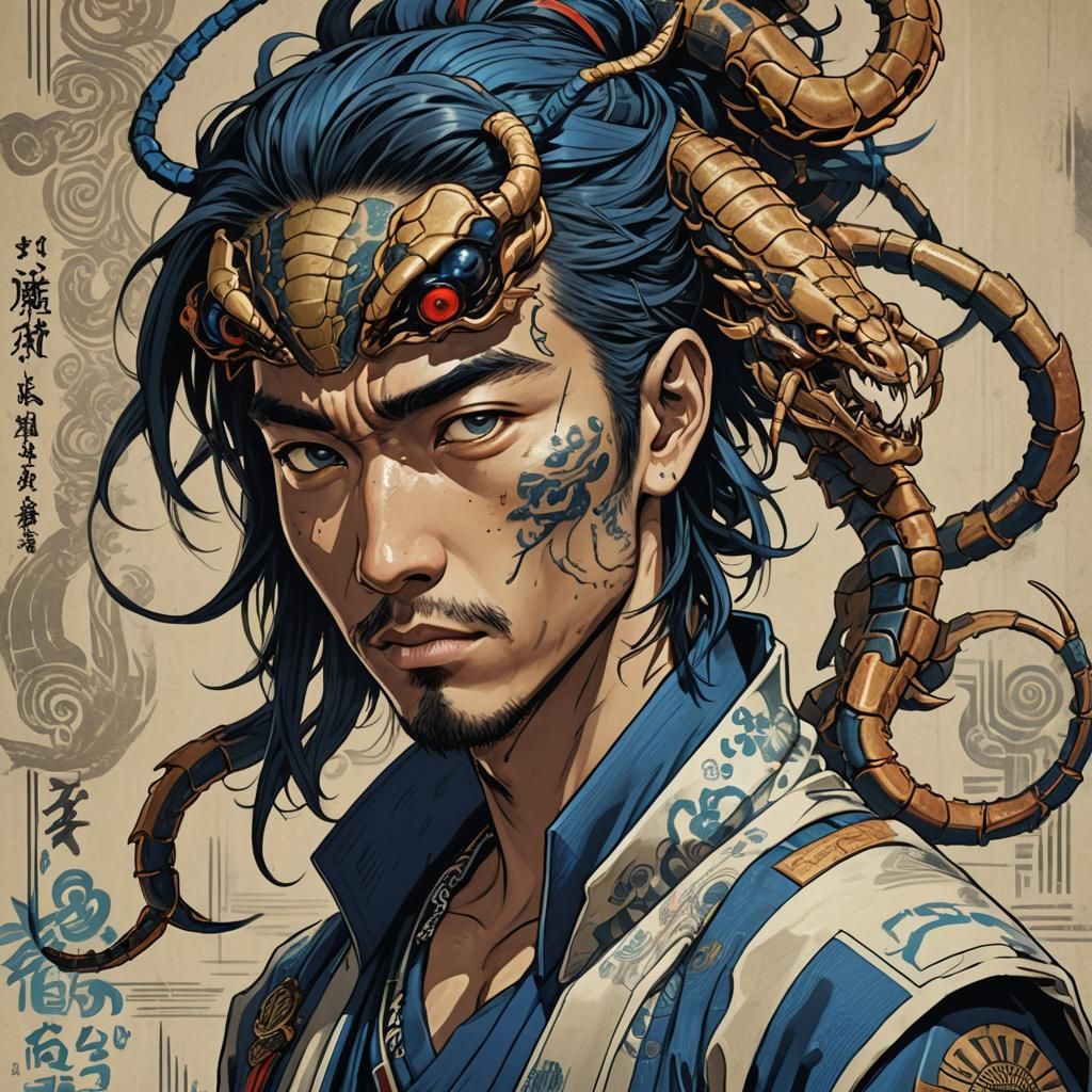 Assassin with Scorpion Hair in Cyberpunk Ukiyo-e Style