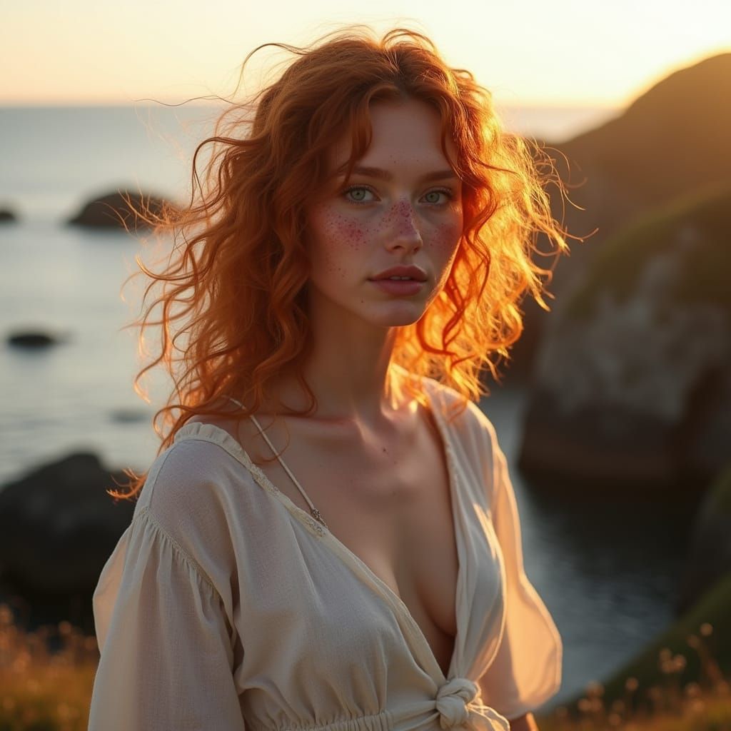 Woman with Red Hair on Scottish Coast at Golden Hour