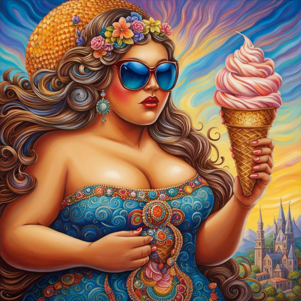 Curvy Woman in Dress Eating Ice Cream
