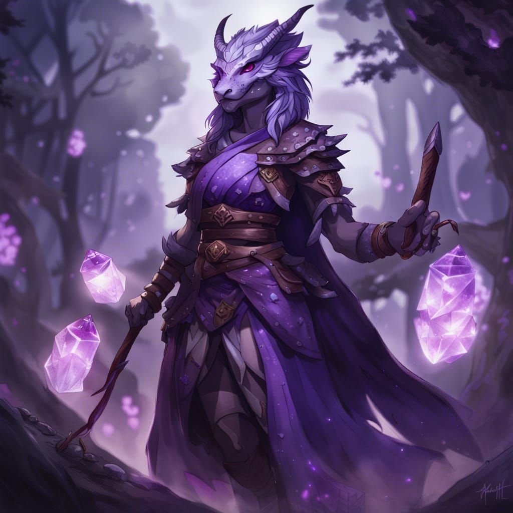 Amethyst Dragonborn Druid in Anime Style