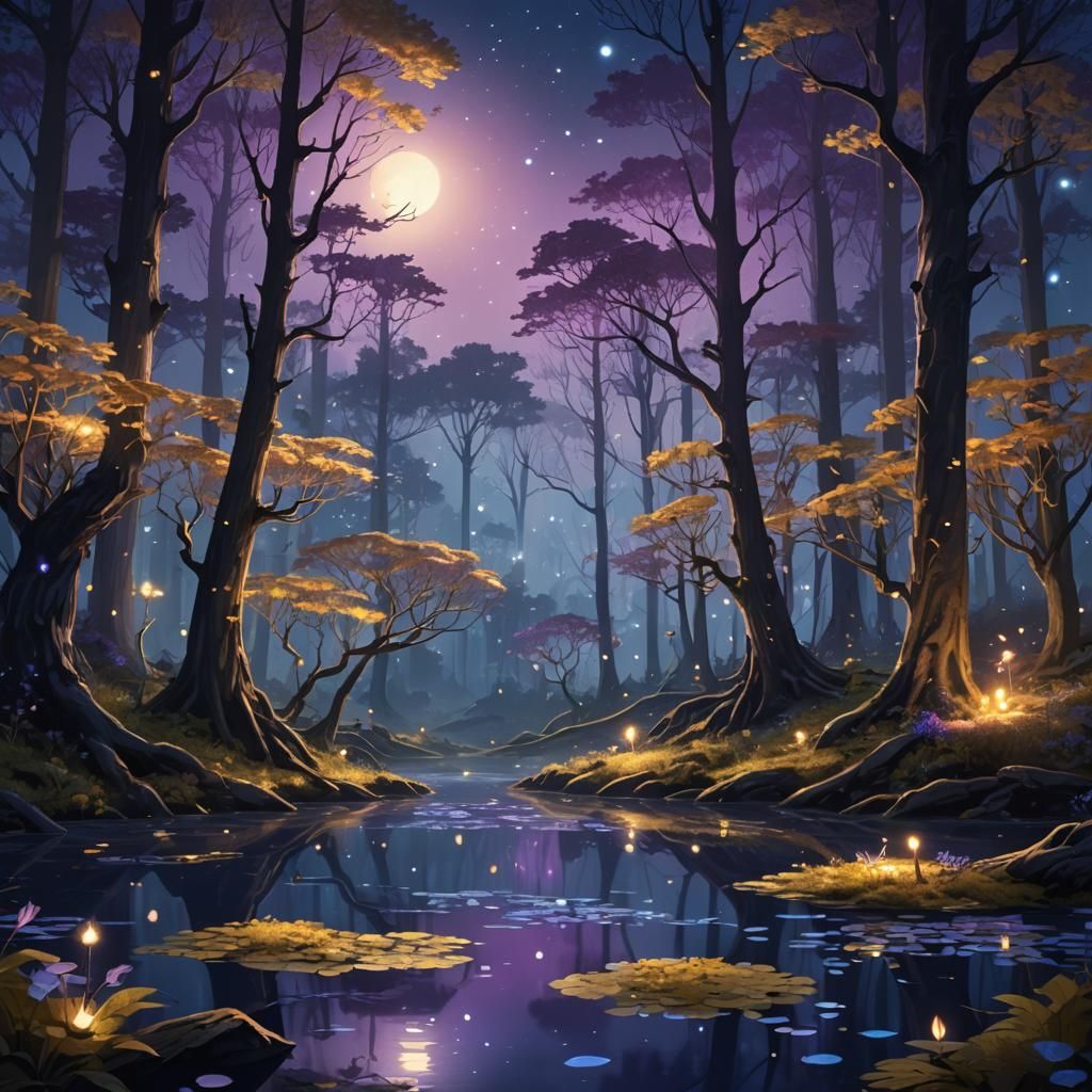 Midnight Forest Lake Fantasy Concept Art