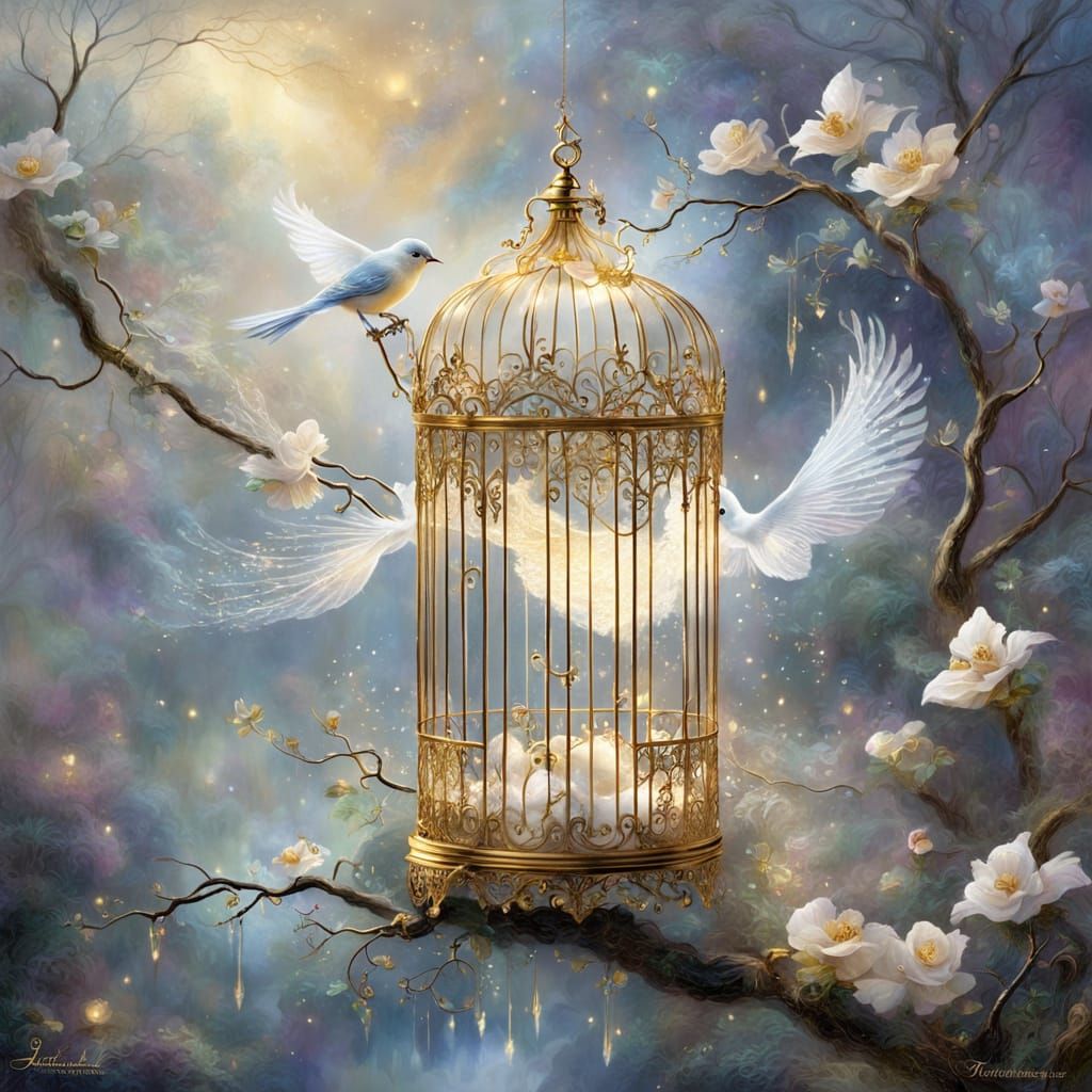 Ethereal Lace Songbird in Golden Birdcage