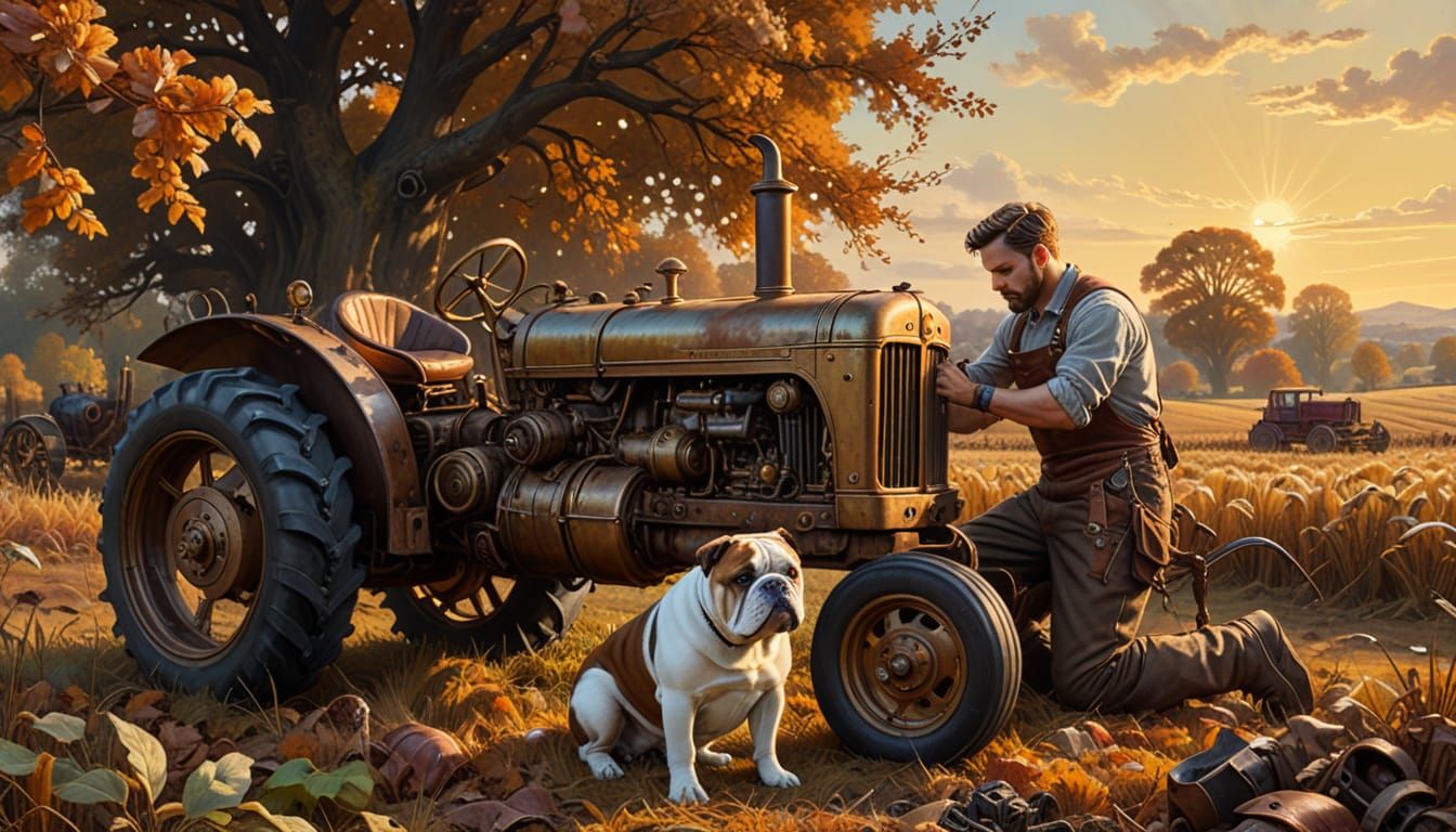 Steampunk Mechanic and Son with Bulldog in Autumn Field