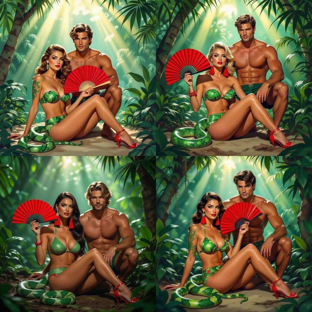 Jungle Scene with Woman in Snake-Print Bikini