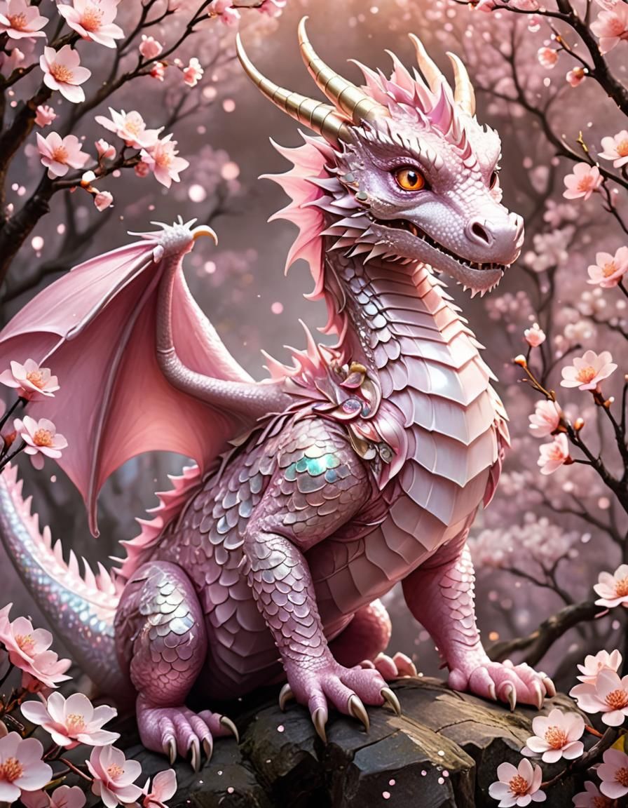 Shimmering Pink Dragon with Cherry Blossoms