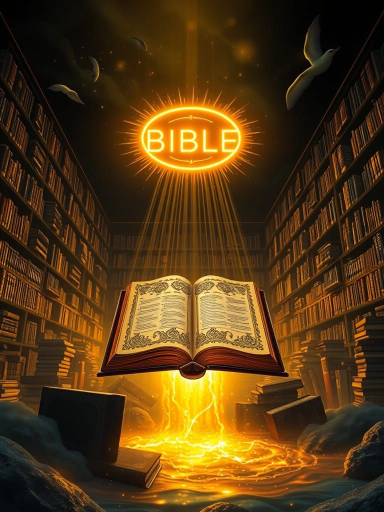 Bioluminescent Library with Floating Bible in Neon Light
