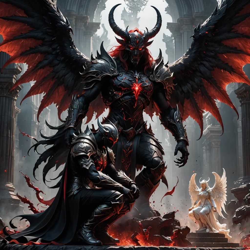Demon Kneeling Before Angel: Fantasy Concept Art