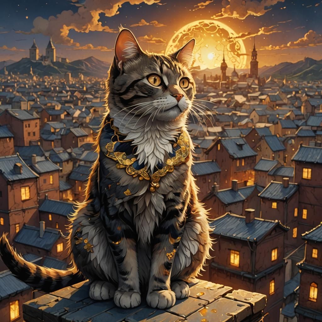 Cartoon Cat on Kintsugi Bridge in Majolica Style