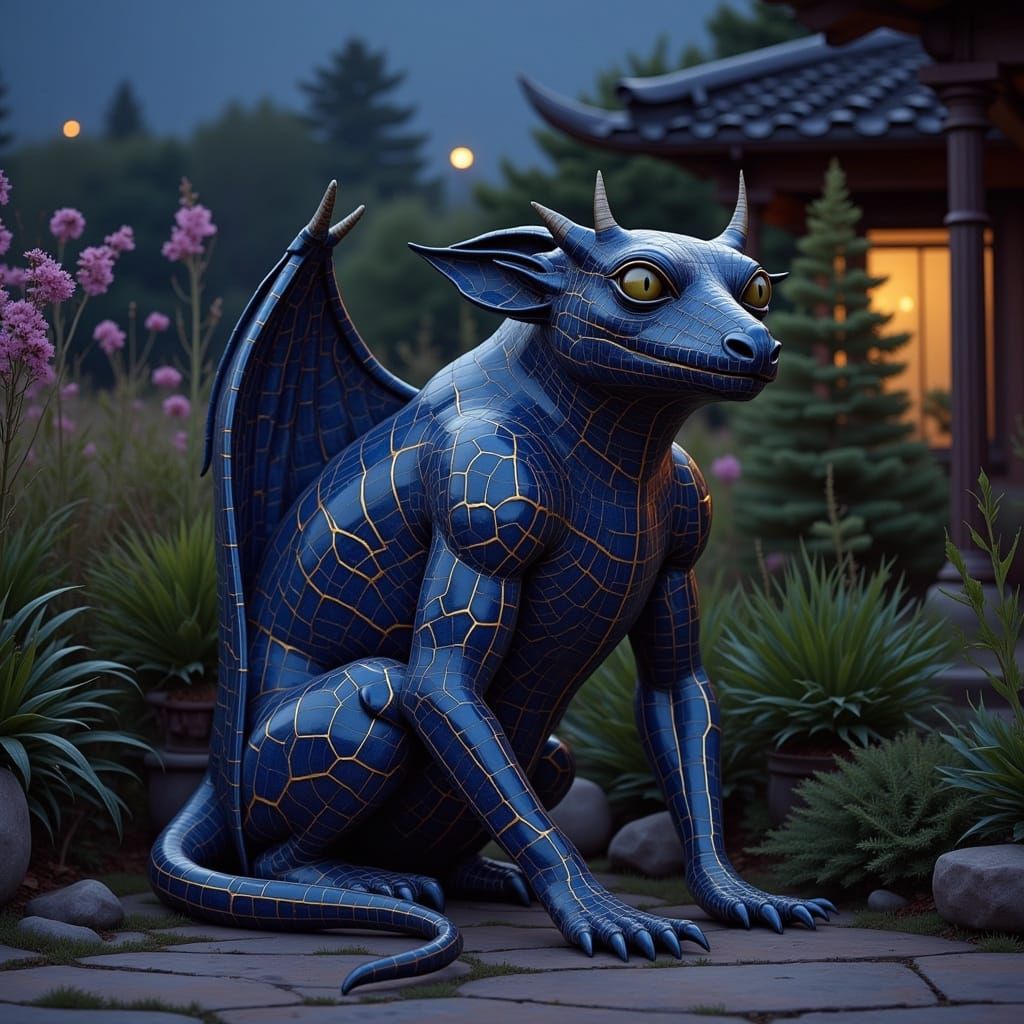 Indigo Kintsugi Gargoyle at Night