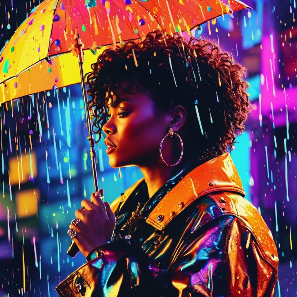 Rihanna in Vibrant Pop Art Style with Neon Umbrella