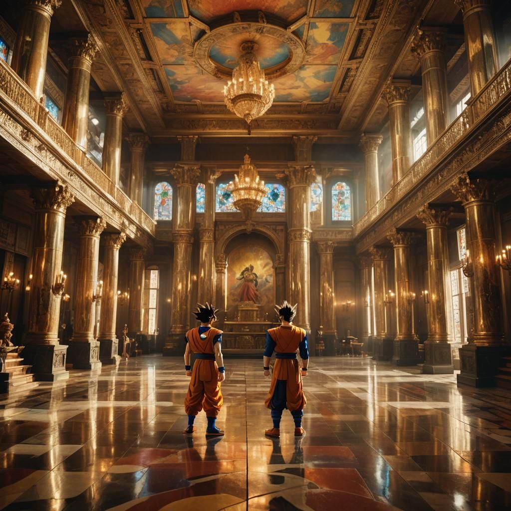 Goku and Vegeta in Opulent Golden Hall