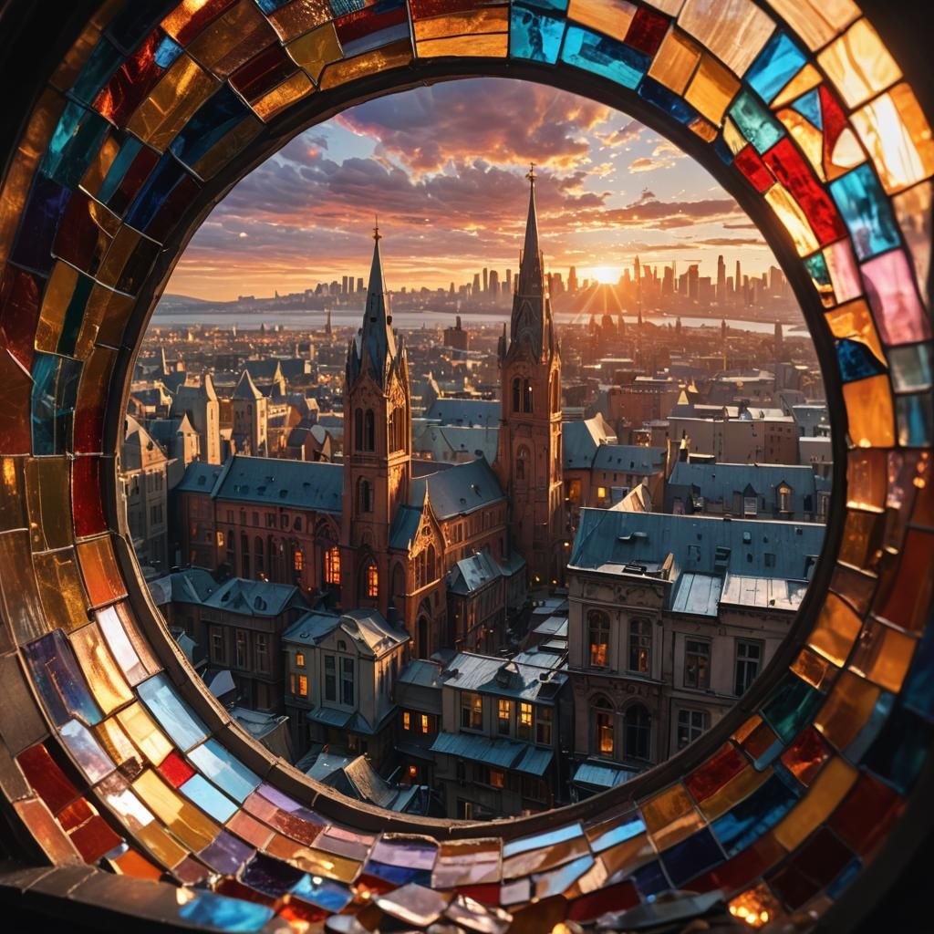 Stained Glass City at Golden Hour: Oil Painting