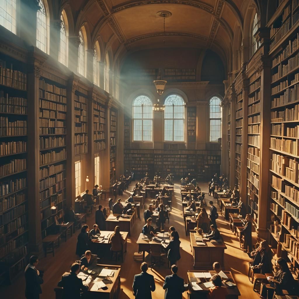 Grand Library Scene in Cinematic Film Style