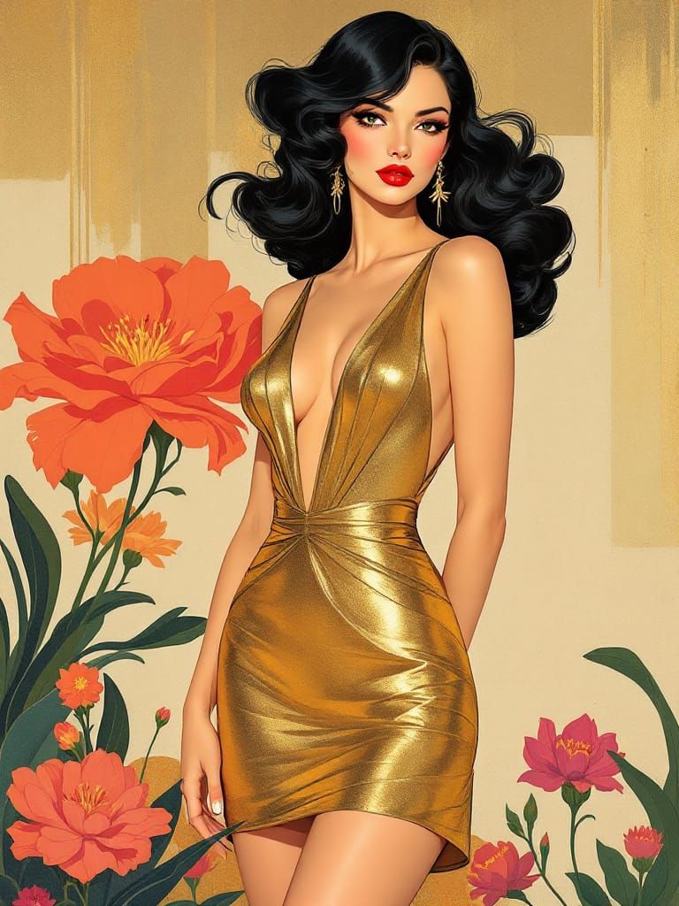 Art Nouveau Pin-Up Woman in Gold Sundress