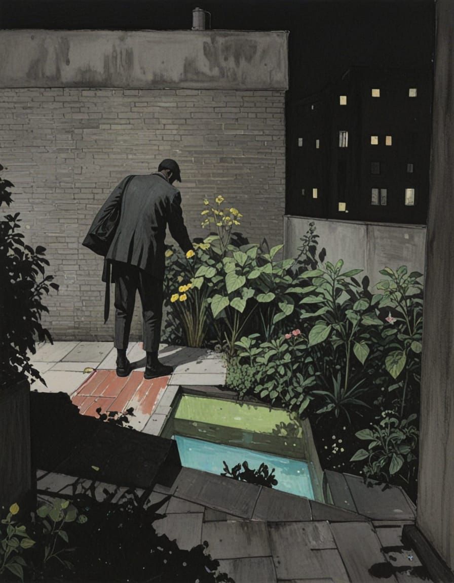Rooftop Garden at Night in Urban Sketch Style