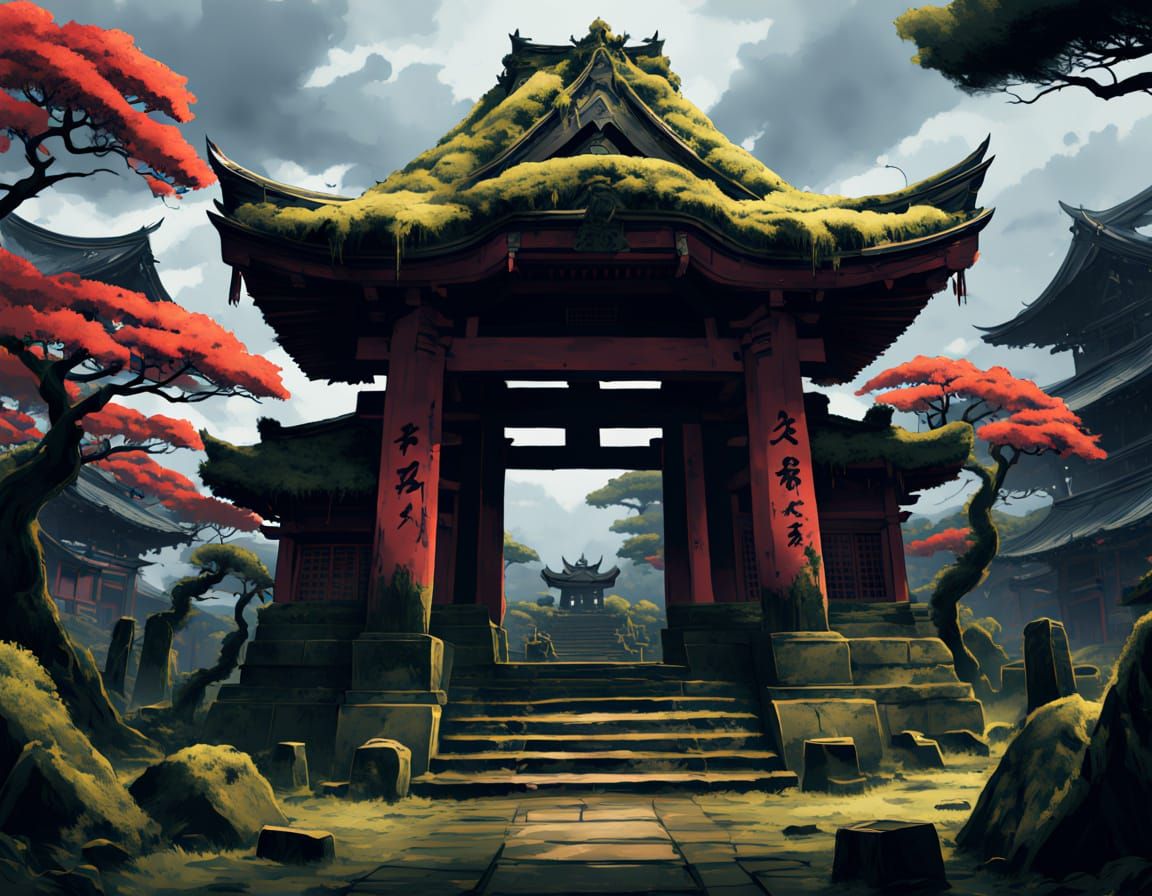 Apocalyptic Tenshukaku Shrine in Blood-Red Hues