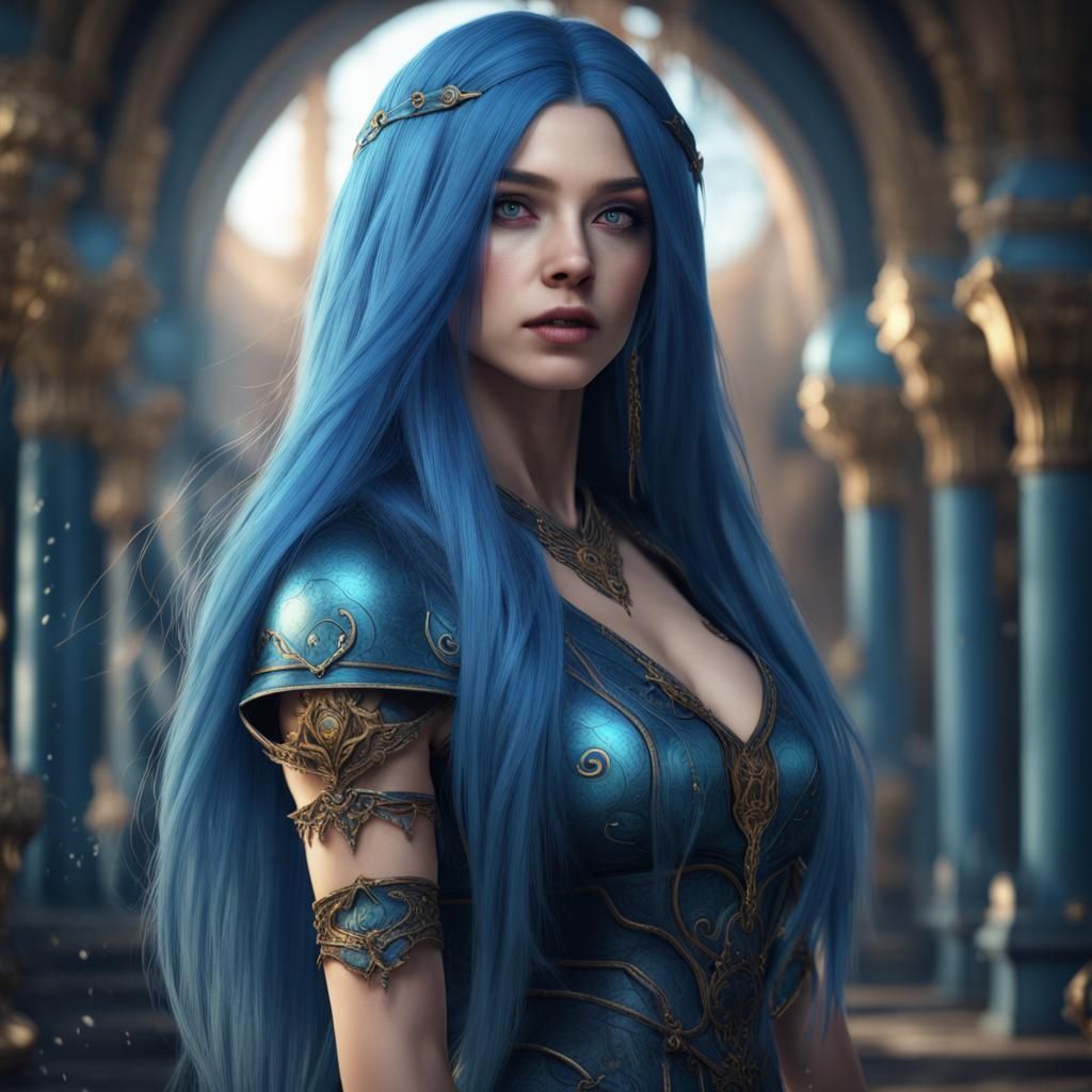 Girl with Long Blue Hair in Fantasy Art Style