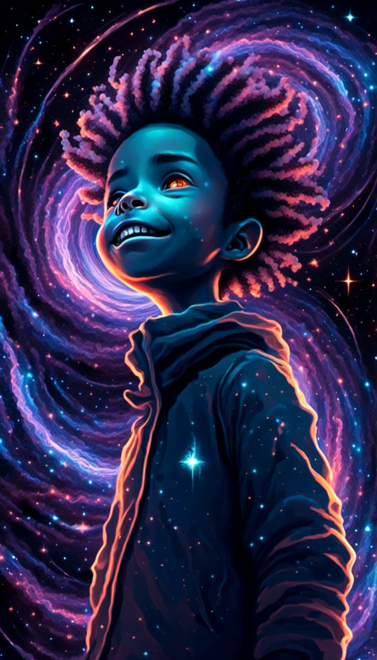 Eerie Boy with Glowing Eyes in Dark Space