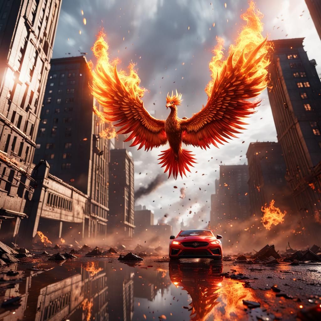 Golden Phoenix Rising from Ashes in Cinematic Style