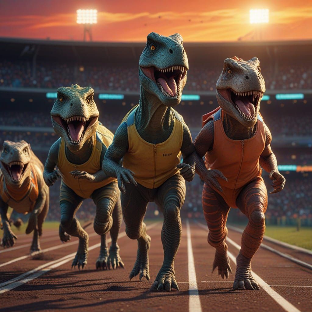 Dinosaurs Race in 1980s Fashion, Digital Oil Painting