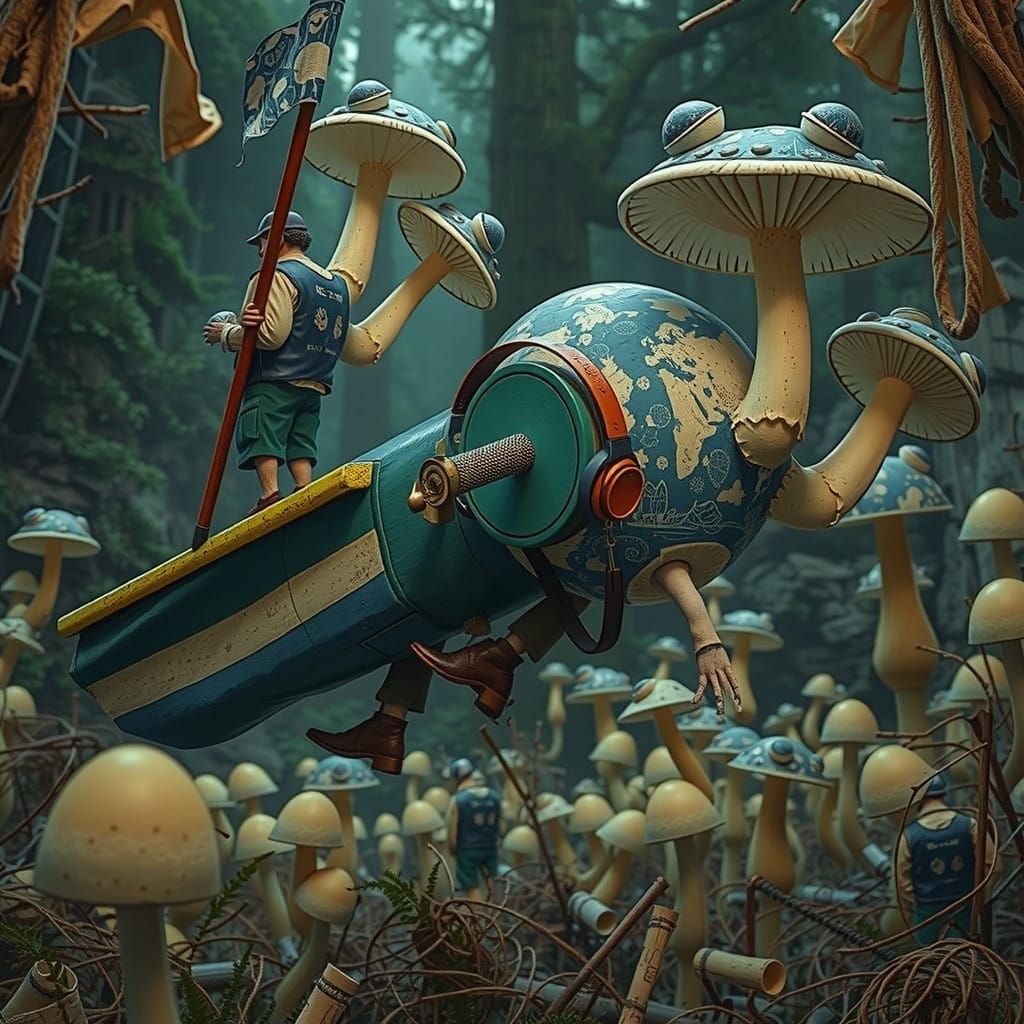 Surrealistic Fungi Bureaucracy Unfolds in Linocut Textile Ma...