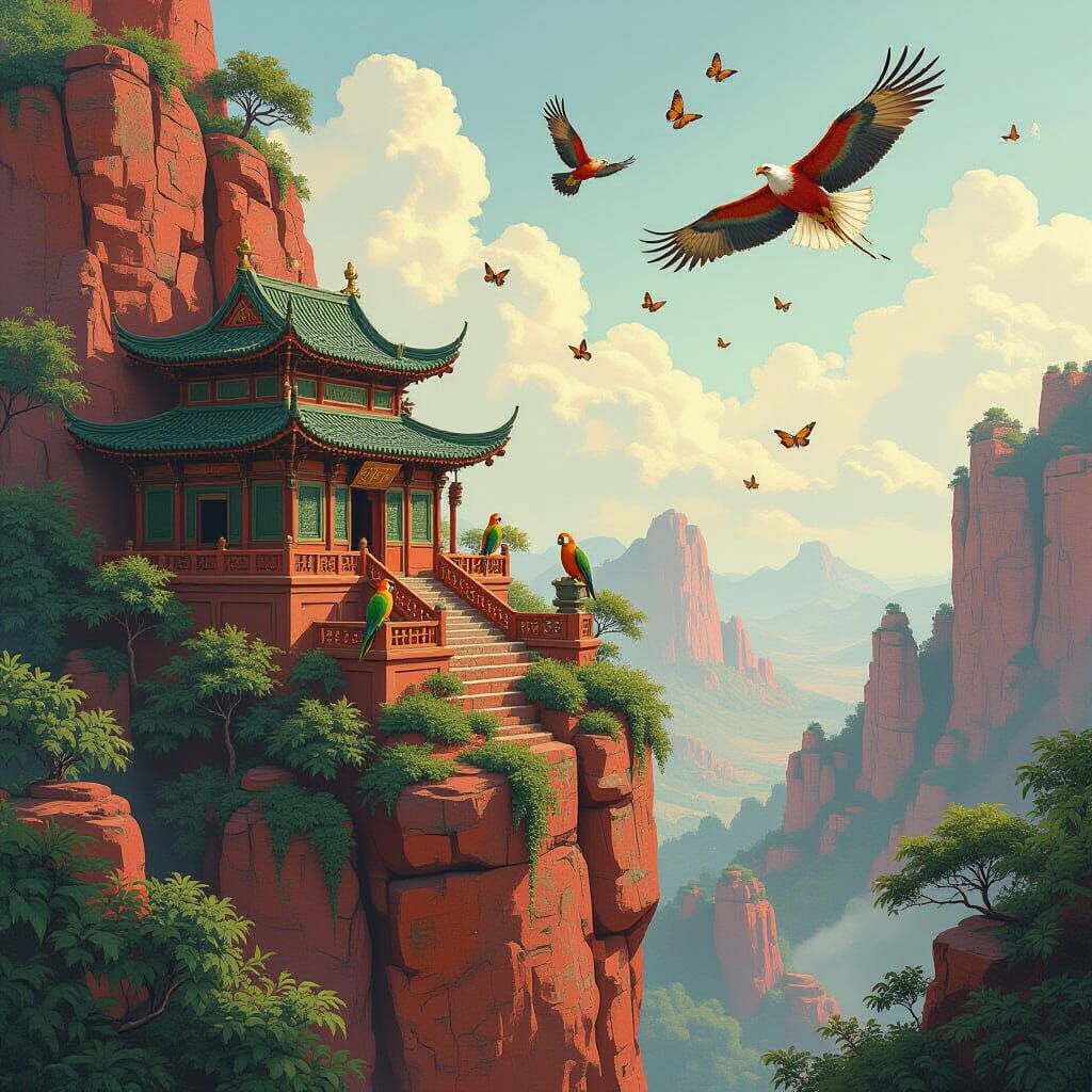 Green Jade Temple in Red Desert, Watercolor Landscape