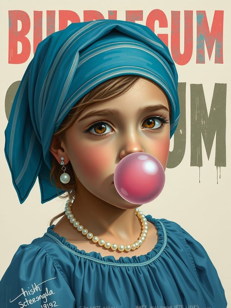 Girl Blowing Bubblegum with Grunge Typography