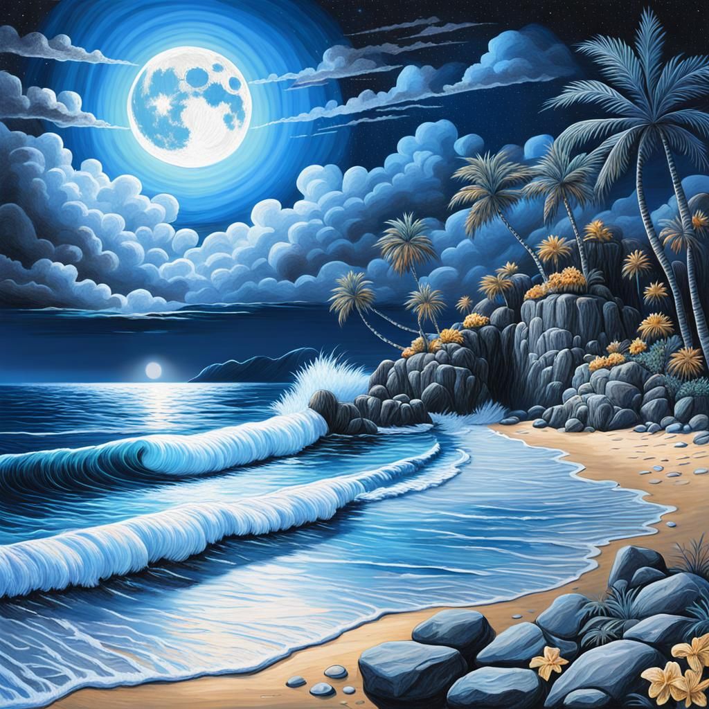 Silver-Blue Lightning Over a Moonlight Beach