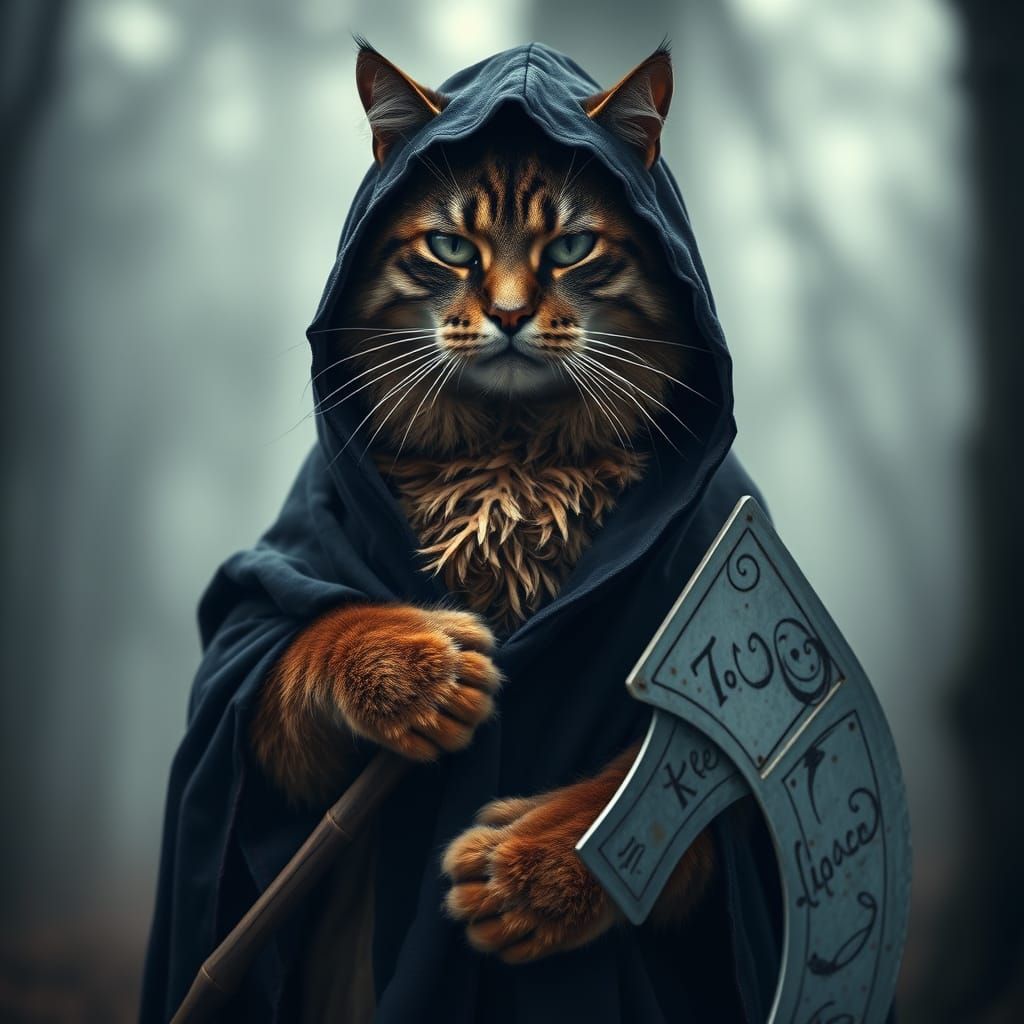 Majestic Feline Death Reaper in Misty Forest