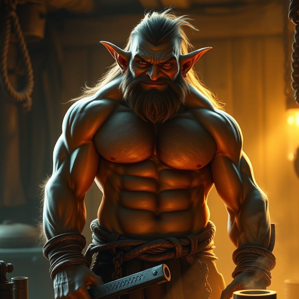 Handsome Goblin Orc Blacksmith with Gentle Smile