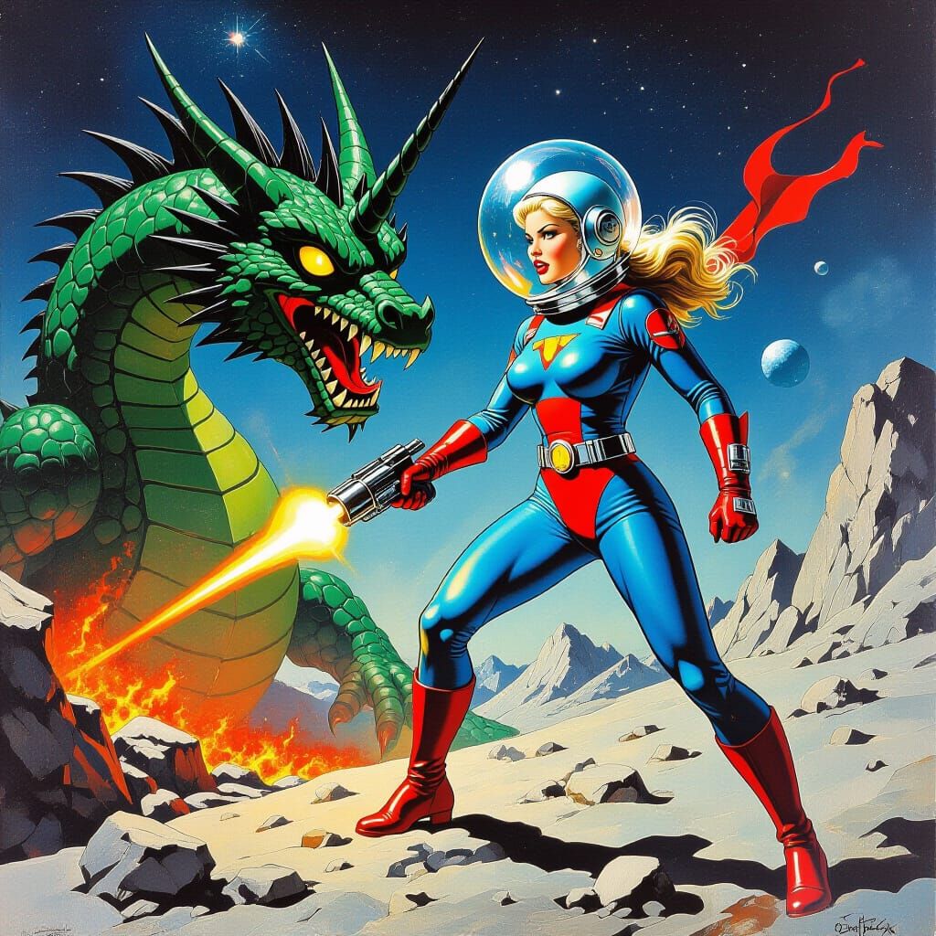 Astral Encounter: Woman vs Dragon in Space