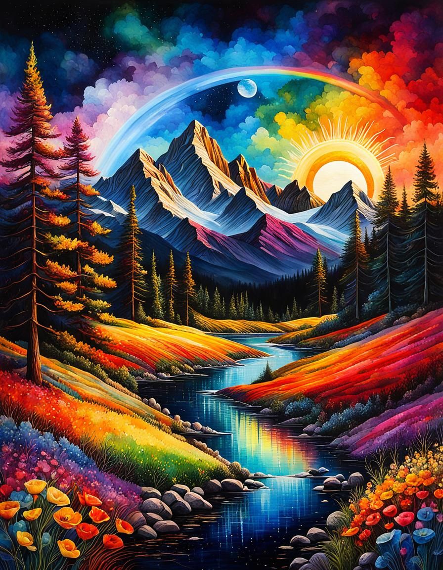 Rainbow Forest Landscape in Colorful Graffiti Art Style