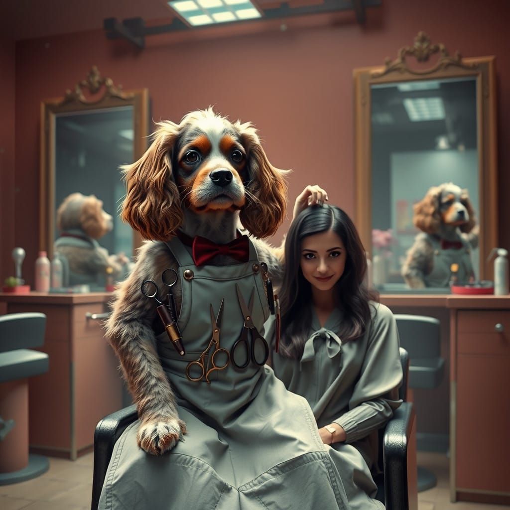 Cocker Spaniel Hairdresser Salon Scene in Fantasy Art