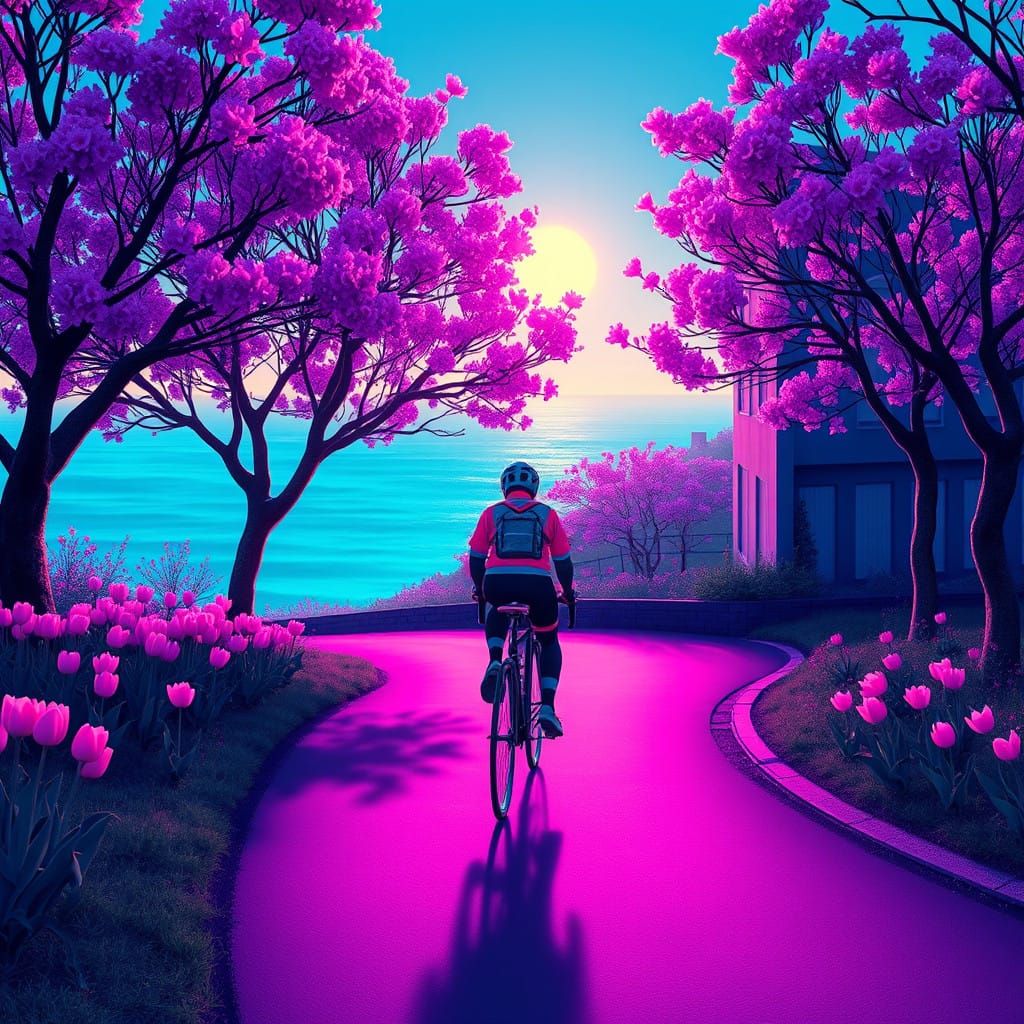 Futuristic Cyclist in Vibrant Purple Canopy, Turquoise Sea