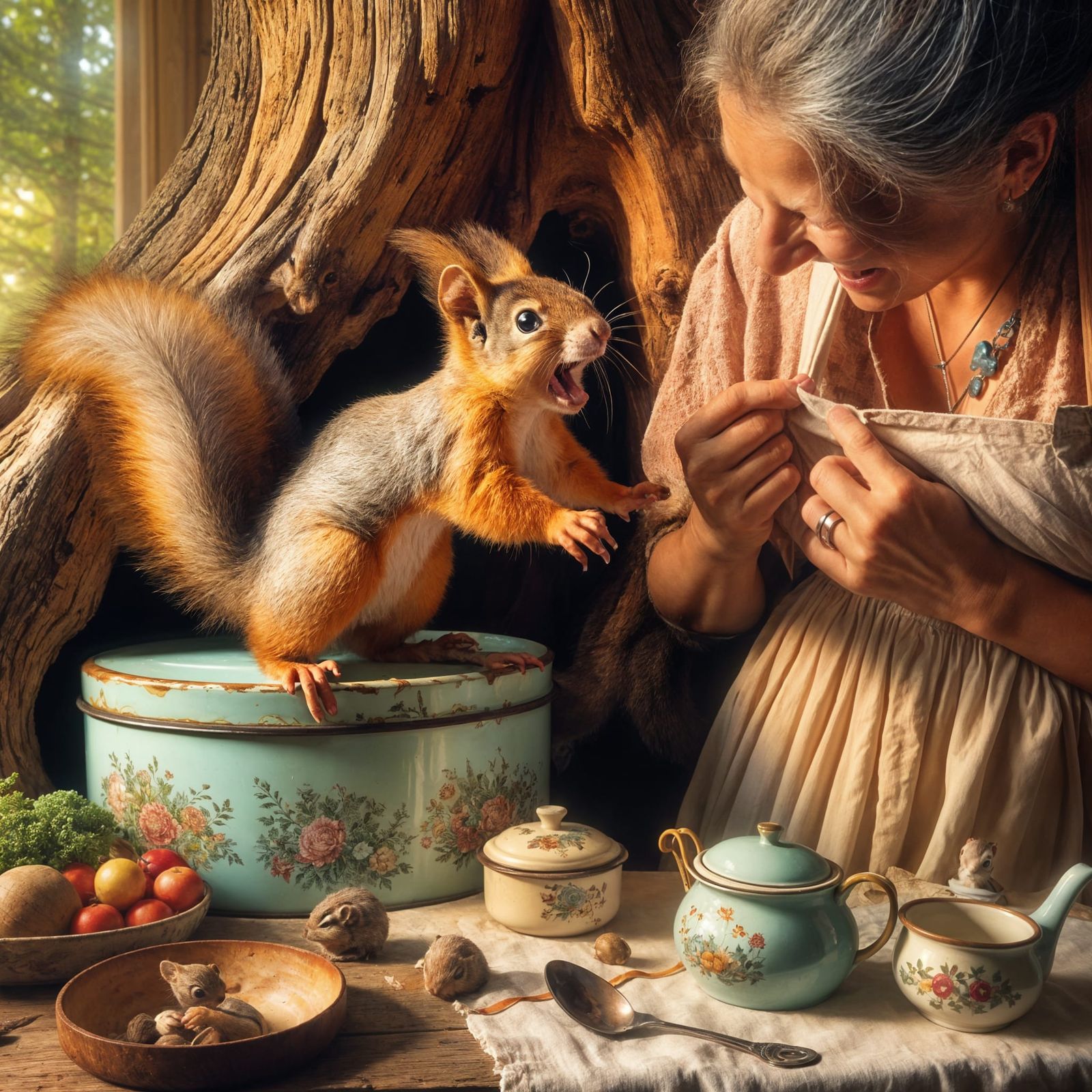 A mischievous squirrel playing peek-a-boo with a happy old l...