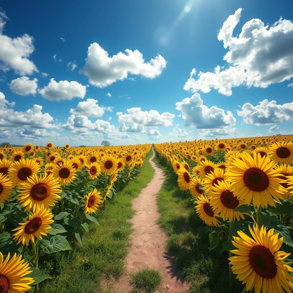 Sunflower Path Landscape in Detailed Matte Painting Style