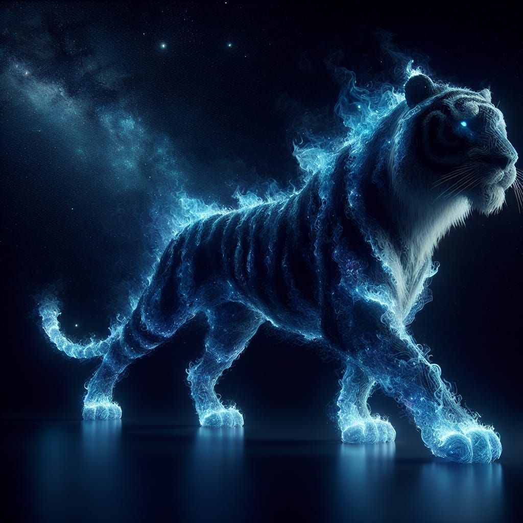 Majestic Tiger of Blue Flames in Cosmic Galaxy