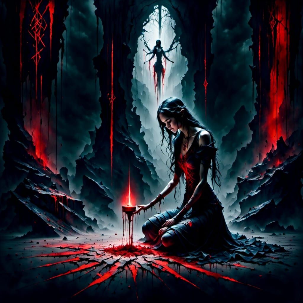 Sorceress Performing Ritual in Dark Runestone Chamber