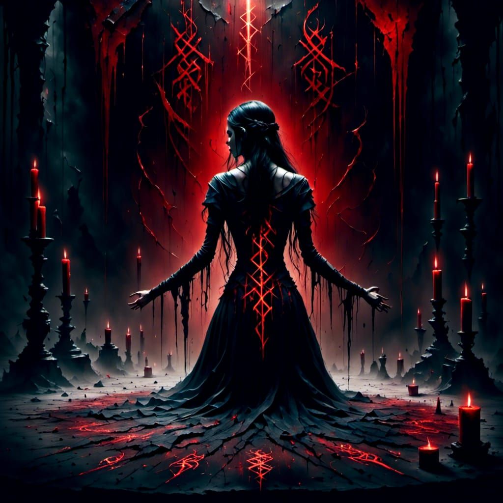 Sorceress Performing Ritual in Dark Runestone Chamber