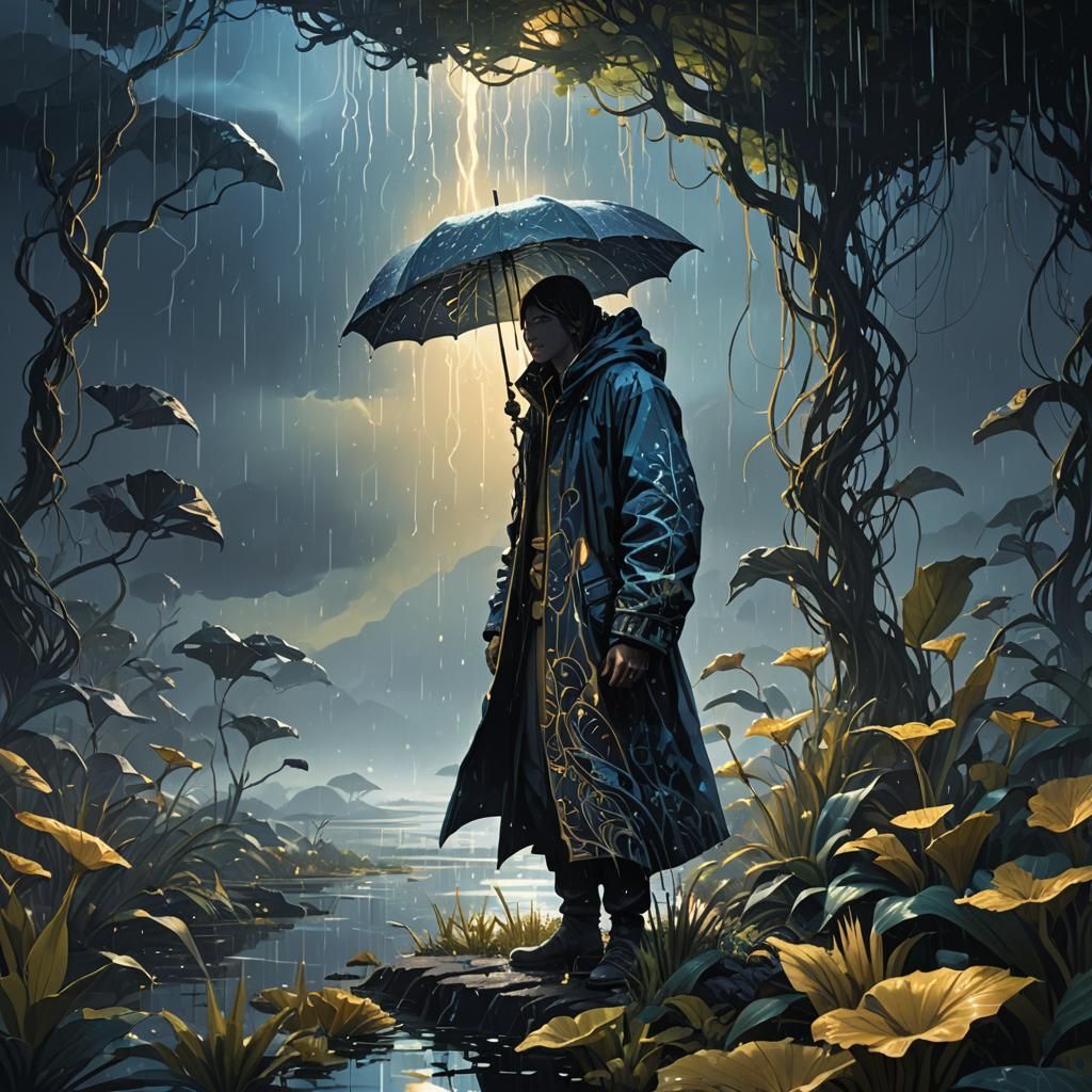 Resolute Figure Stands in Rain-Soaked Landscape