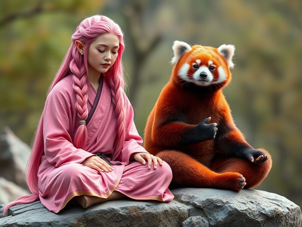 Elf Cleric Shares Meditation Rock with Red Panda
